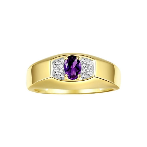 Rylos Yellow Gold Plated Silver Classic 6X4MM Oval Amethyst & Sparkling Diamond Ring - Birthstone Jewelry for Men -Size 8