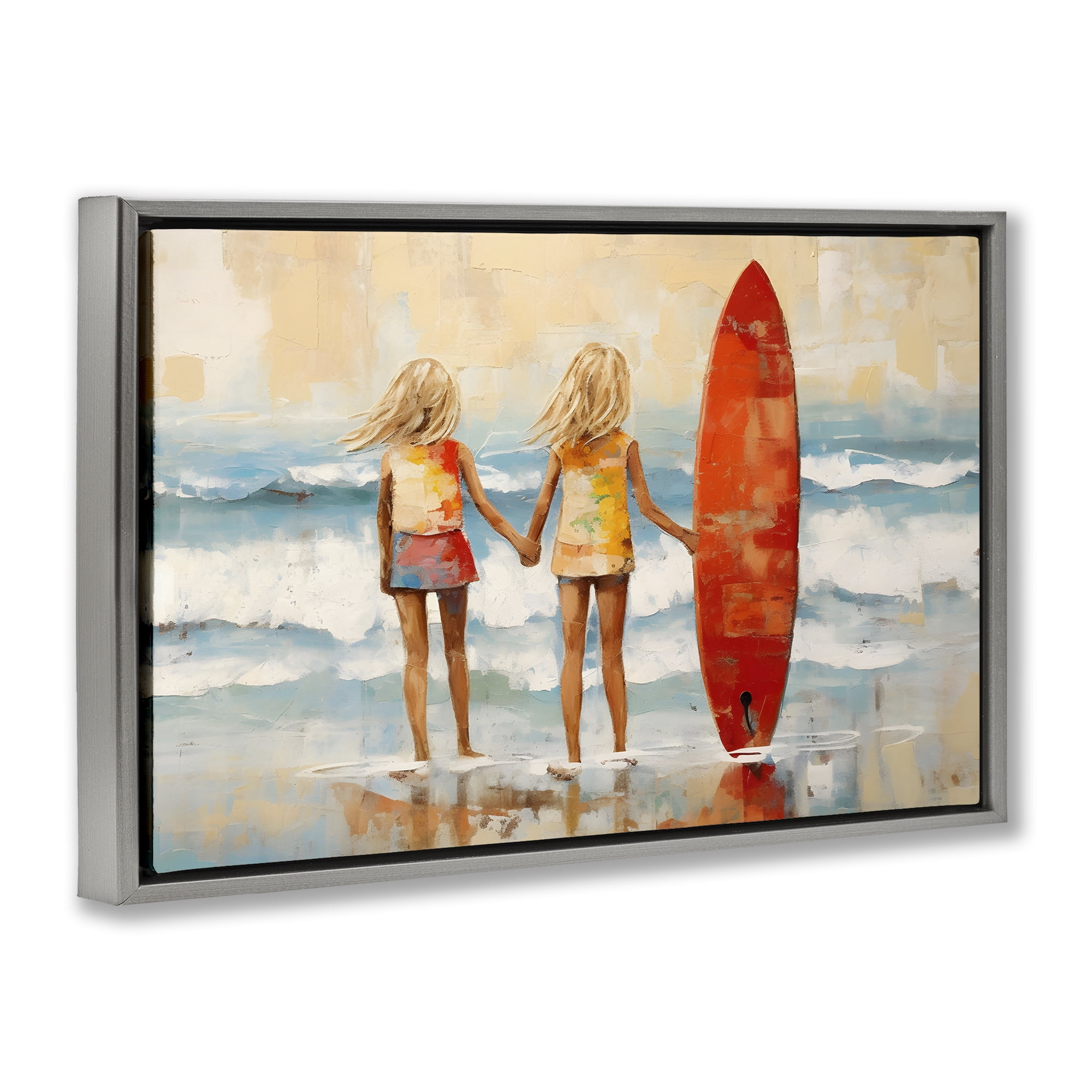 Stupell Industries Kids & Beach Surfboard People Painting Gray Floater Framed Canvas Art Print Wall Art, 25 x 17