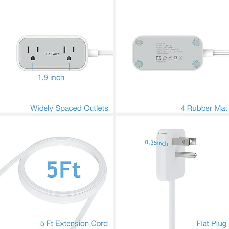 TESSAN 5 ft Ultra Thin Extension Cord with 3 USB Wall Charger(1 USB C Port)