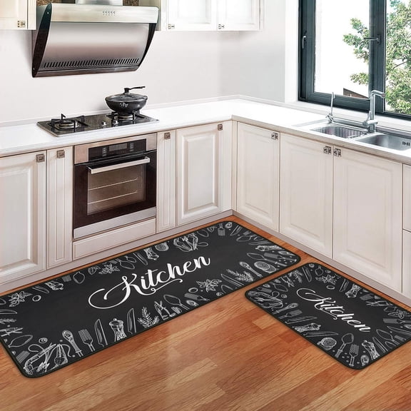 2 PCS Coffee Theme Kitchen Rugs and Mats Non Skid Washable Black Kitchen Mat Soft Super Absorbent Anti Fatigue Kitchen Mat Runner Set Doormat Bathroom 17"x47" 17"x30"