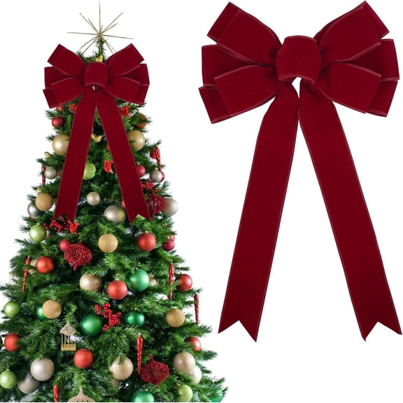 13" Red Bow Pre-Tied Bow for Christmas Tree, Red Velvet Ribbon Bow for Wreaths, Tree Toppers Bow, Premade Bow, Gift Bow for Party Favor, Christmas Home Indoor Outdoor Decor-1 Counts