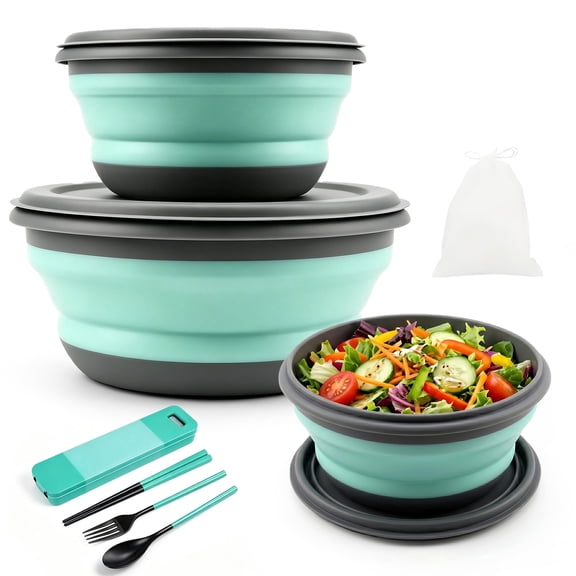 3-Pack Collapsible Silicone Bowls with Lids – Portable Camping and Travel Bowls, Expandable Lunchbox Containers with Cutlery and Storage Bag, Green