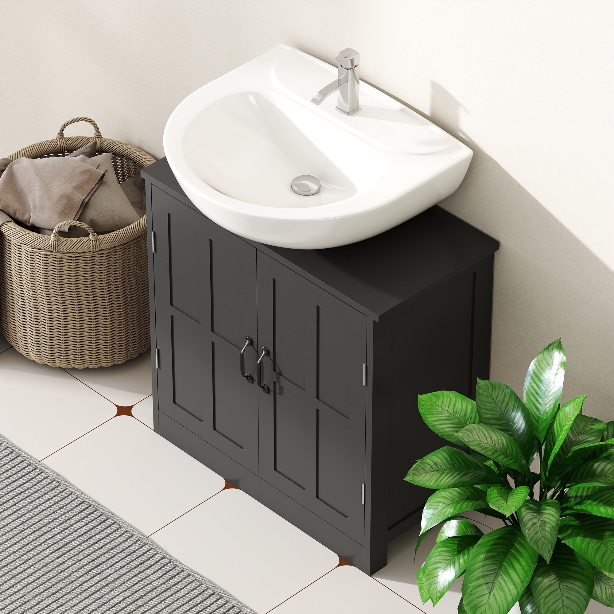 Black Under Sink Bathroom Cabinet, Double-Door Storage Cabinet with U-Shaped Cutout & Adjustable Shelf, Anti-Tipping Design for Bathroom Organizer