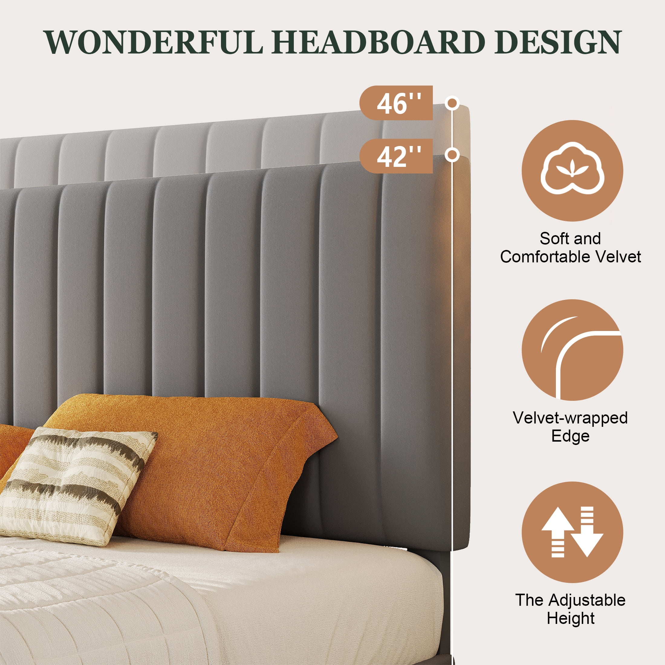Amolife King Bed Frame with Adjustable Velvet-Wrapped Headboard and 4 Storage Drawers, No Box Spring Required, Gray