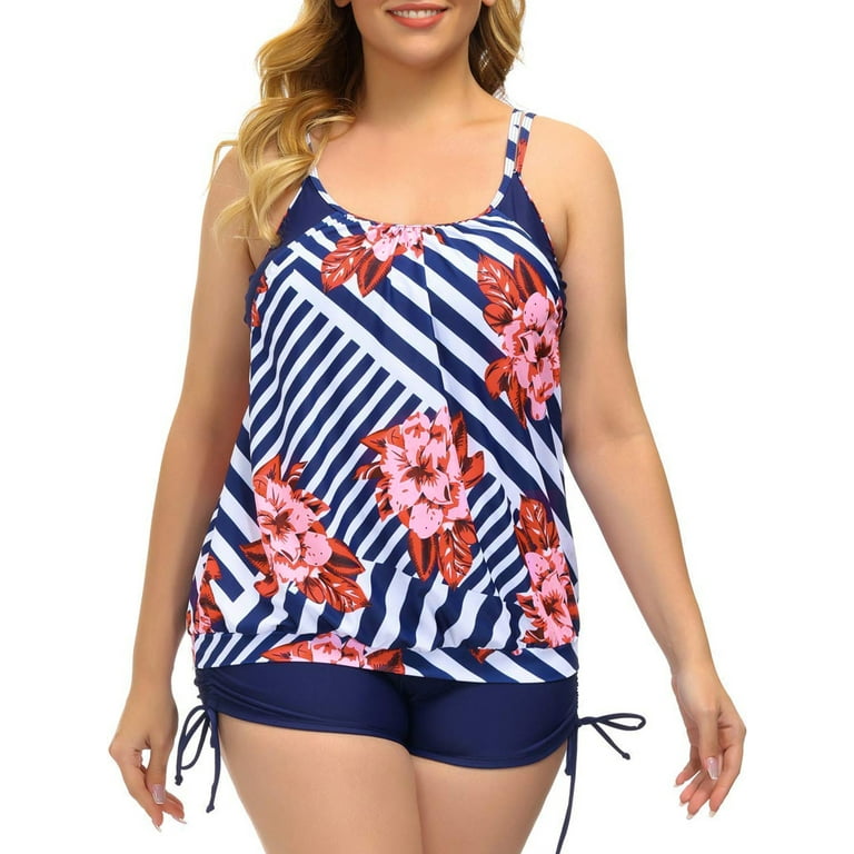 Plus Size Two Piece Tankini Swimsuits for Women Blouson Swim Tops