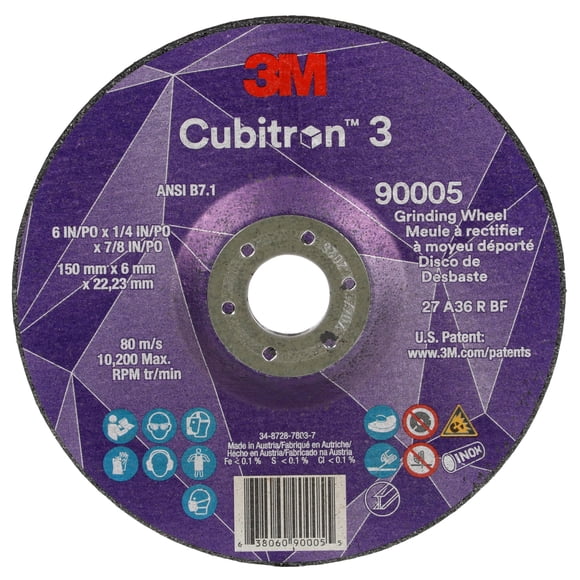 3M Cubitron 3 Depressed Center Grinding Wheel, 90005, 36+, T27, 6 in x 1/4 in x 7/8 in, Pack of 10, ANSI, Precision Shaped Grain, Beveling, Weld Grinding, Heavy Deburring, Slag Removal