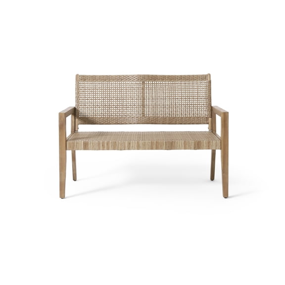 Outdoor Wicker Loveseat for Patio, Wood Frame with Flat Wicker Seating, Light Multibrown and Light Brown, 34 H x 46.5 W x 27.25 D