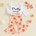 thumbnail image 2 of Newborn Baby Girl Halloween Outfits Long Sleeve Romper Tops Pumpkin Bell-Bottom Flare Pants Headband Infant Fall 3Pcs Clothes Set, 2 of 8