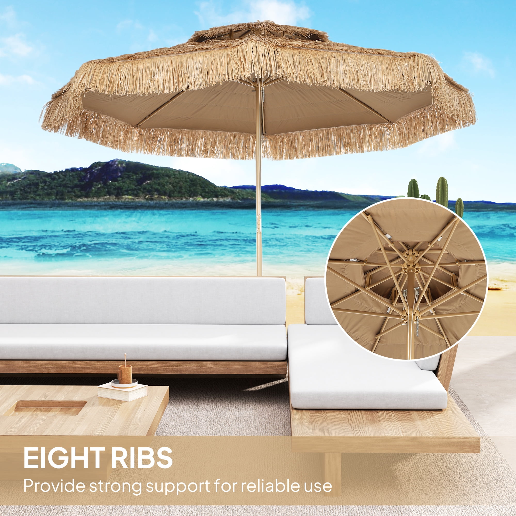 Outsunny 10 ft. Hula Thatched Tiki Patio Umbrella, Hawaiian Style Outdoor Umbrella with 8 Ribs, UPF30+, for Garden, Backyard, Deck, Pool, Natural