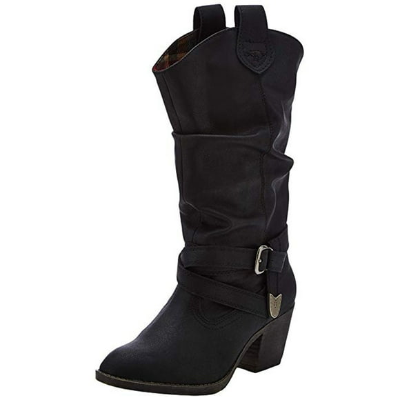 DPTALR Women Casual Buckle Strap Solid On Riding Block Heel Mid Calf