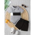 thumbnail image 3 of Mikrdoo Summer Outfits For 12 Months Baby Boys King Letter Graphics 18 Months Boys Colorblock Lapel Romper Tops & Side Splicing Shorts 2Pcs Clothes, 3 of 9