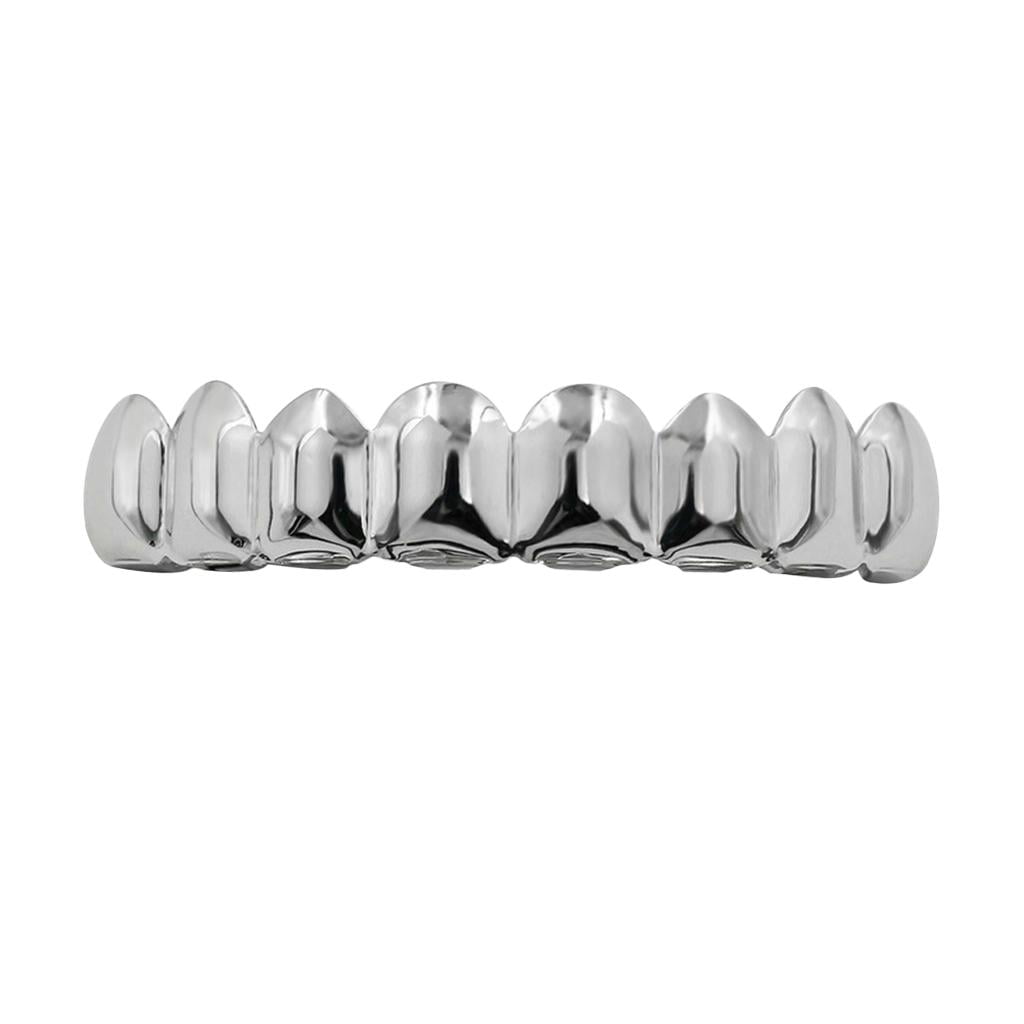 18K White Gold Plated GRILLZ 8 Tooth Top & Bottom Silver Teeth Mouth JOKER Grill 