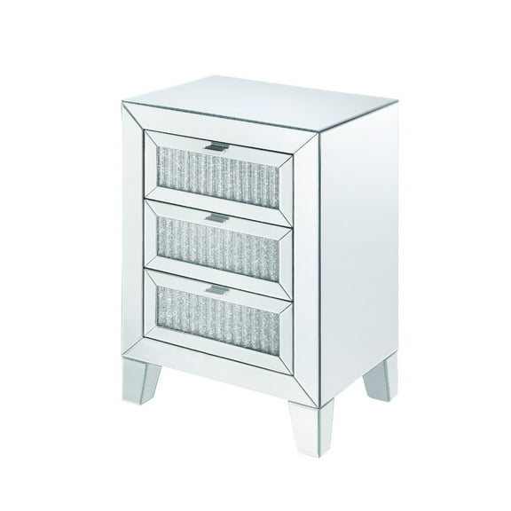 Benjara Contemporary Style Wooden Mirrored Night Table with 3 Drawers, Silver