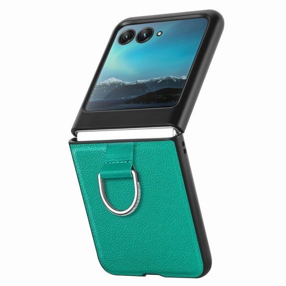 ELEHOLD for Motorola Razr 40 Ultra Leather Case Cover, with Metal Finger Ring Holder Slim Lightweight Shockproof Non-Slip Case for Motorola Razr 40 Ultra,Green