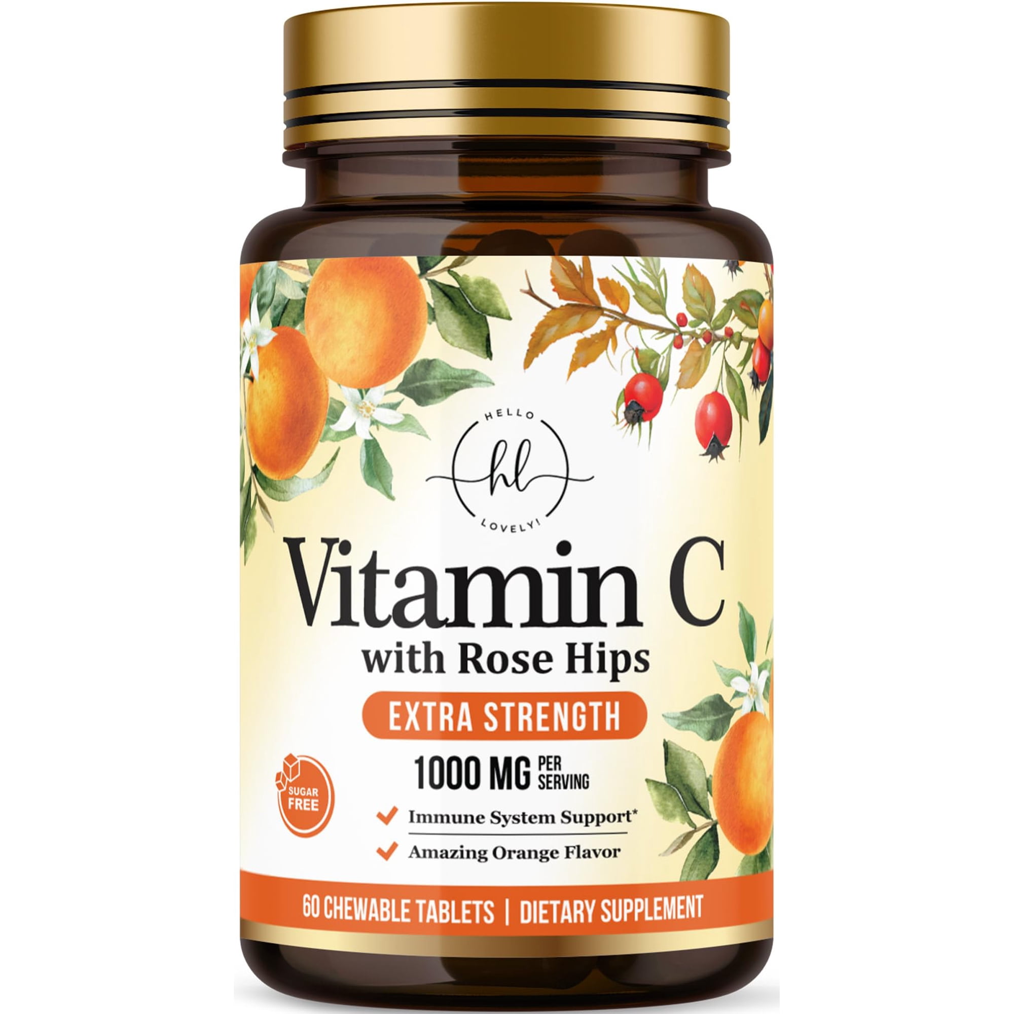 Vitamin C 1000mg Per Serving - Extra Strength with Rose Hips Bioflavonoids - Sugar Free Vitamin C Chewable Pills, Vit C Supplement for Immune Support & Antioxidant, USA Bottled - 60 Chewable Tablets