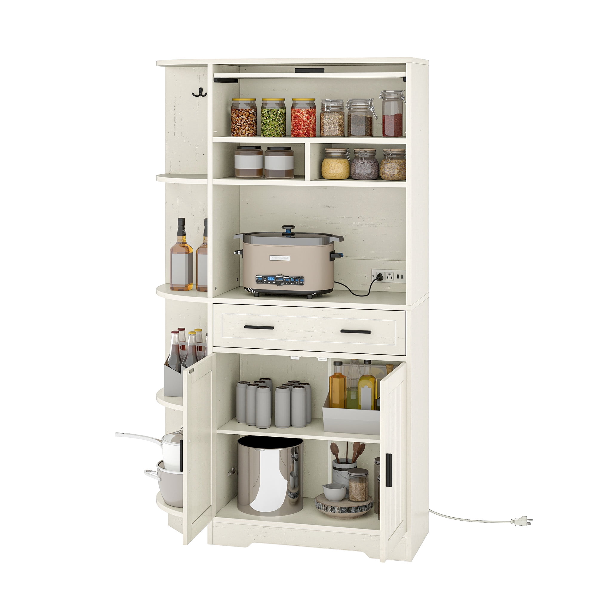 Uforic 67"H Pantry Storage Cabinet with Power Outlets, Kitchen Cabinet with Doors & Drawer, White