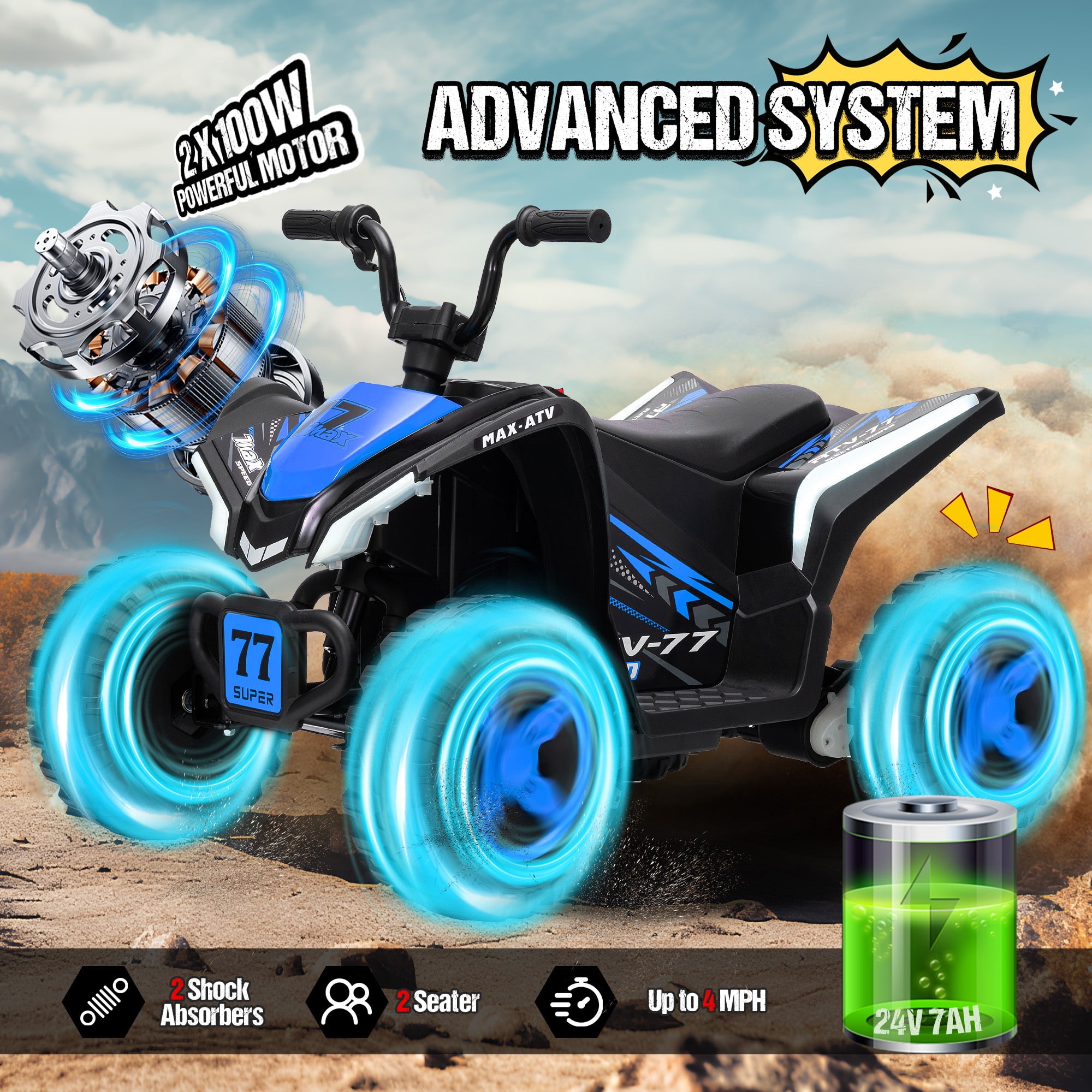 Kids ATV 4 Wheeler, Two Seater 24V Ride On Toy for Big Kid w/Unique LED Light, Music, Wireless, Story, 24 Volt Ride on Car Electric Quad for Boys Girls, Blue