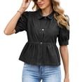 thumbnail image 2 of Karymi Womens Summer Tops Denim Peplum Blouse, Collar Short Sleeve Button-Down Shirt, Puff Sleeve Ruffled Hem Babydoll Top T Shirts for Women, 2 of 8