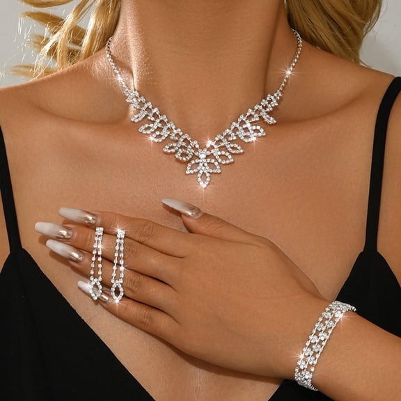 AEXTO Elegant Silver Full Rhinestone Jewelry Set for Women Hollow Filigree Collar Necklace, Drop Earrings, Multi-Row Tennis Bracelet & Eternity Ring – Luxury Iced Out Wedding Party Accessories