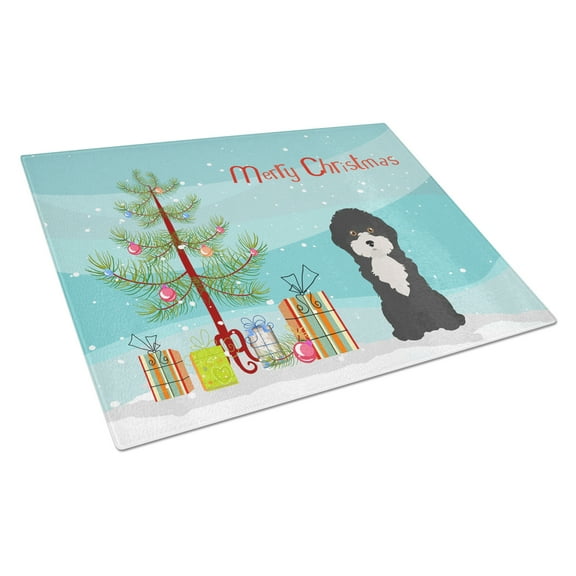 Carolines Treasures CK3497LCB Black and White Cyprus Poodle Christmas Tree Glass Cutting Board Large, 12H x 16W,