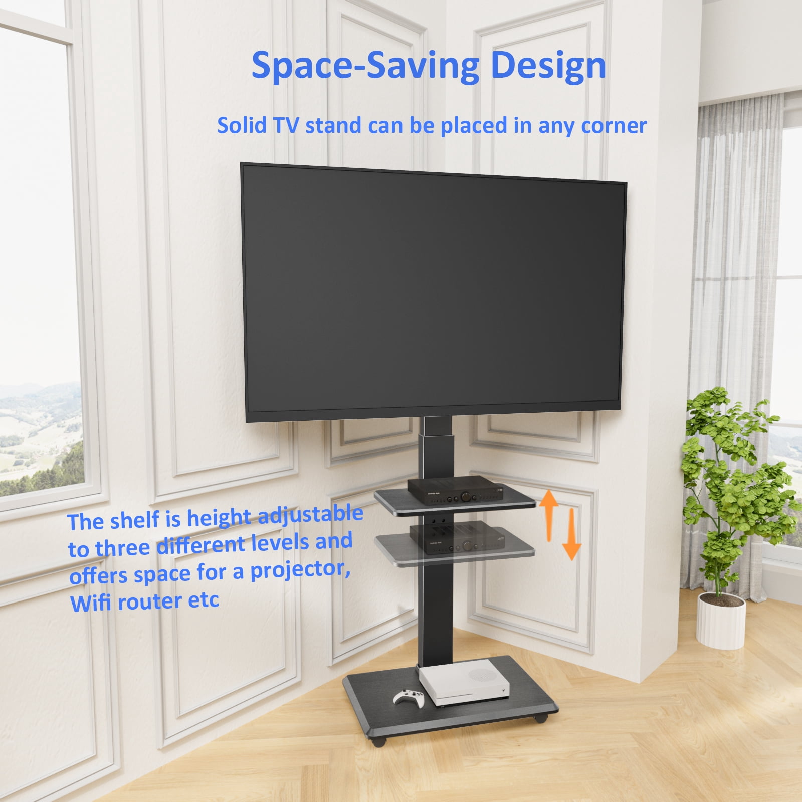 Rolling TV Stand, Mobile TV Cart for 32-75 Inch TVs up to 110 lbs, 18 Adjustable Heights, TV Floor Stand with Swivel Mount & Shelf, Max VESA 600x400mm