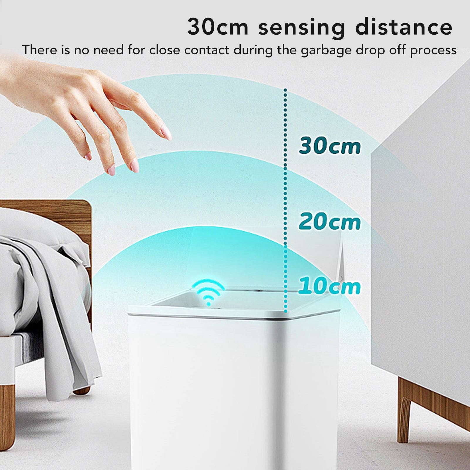 BIMZUC 9L Smart Sensor Trash Can, USB Charging Automatic Electric Garbage Bin with Foldable Lid for Kitchen, Bathroom, Office, White