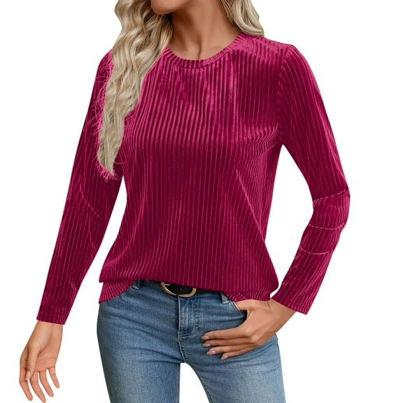 Womens Velvet Top Ribbed Long Sleeve Shirts Crew Neck Casual Tunic Tops Dressy Solid Color Blouses Spring Outfits for Women 2026