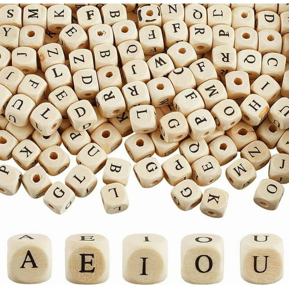 500Pcs Wooden Alphabet Beads Square Letter Beads Bulk with Nylon Thread White Small 10mm Cube Natural Wood Spacer Bead Kit for Jewelry Bracelets Keychains Lanyards Supplies DIY Crafts