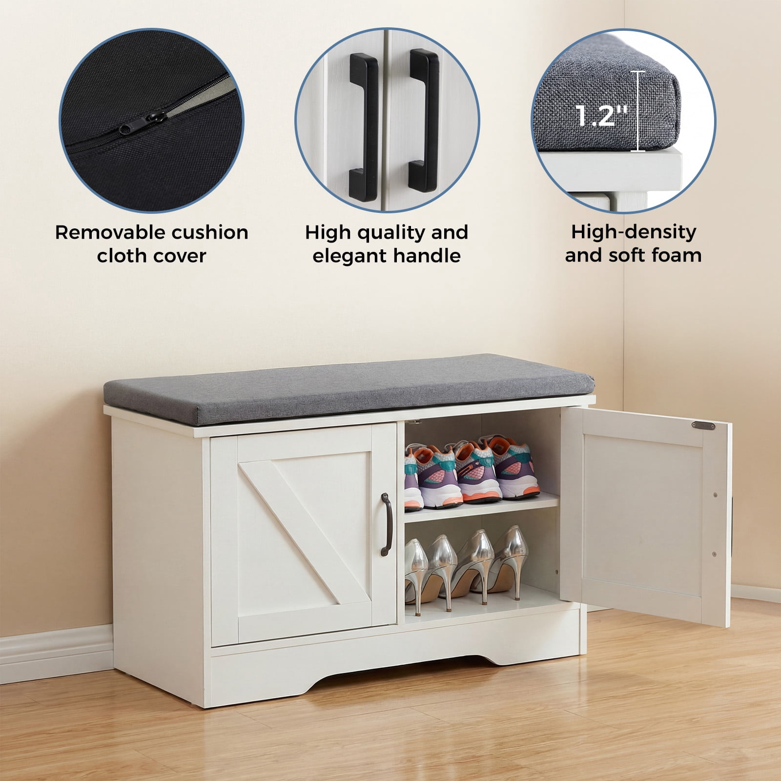 Hommoo Modern Wooden Shoe Storage Cabinet with Cushioned Seat, 47-inch Double-Door Entryway Organizer for Living Room, Hallway & Bedroom, White & Gray