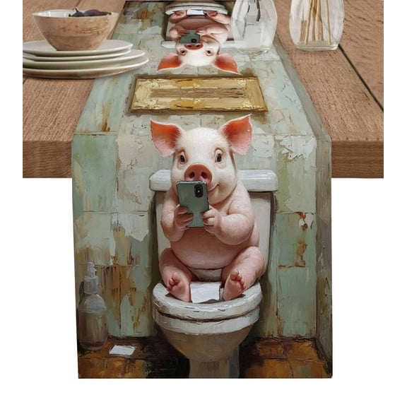 Bathroom Pig Table Runner Toilet Animals Vintage Tablerunners 13 x 70 Inch, Table Decorations Tabletop Scarf for Summer Gathering Holiday Farmhouse Kitchen Dining Decor