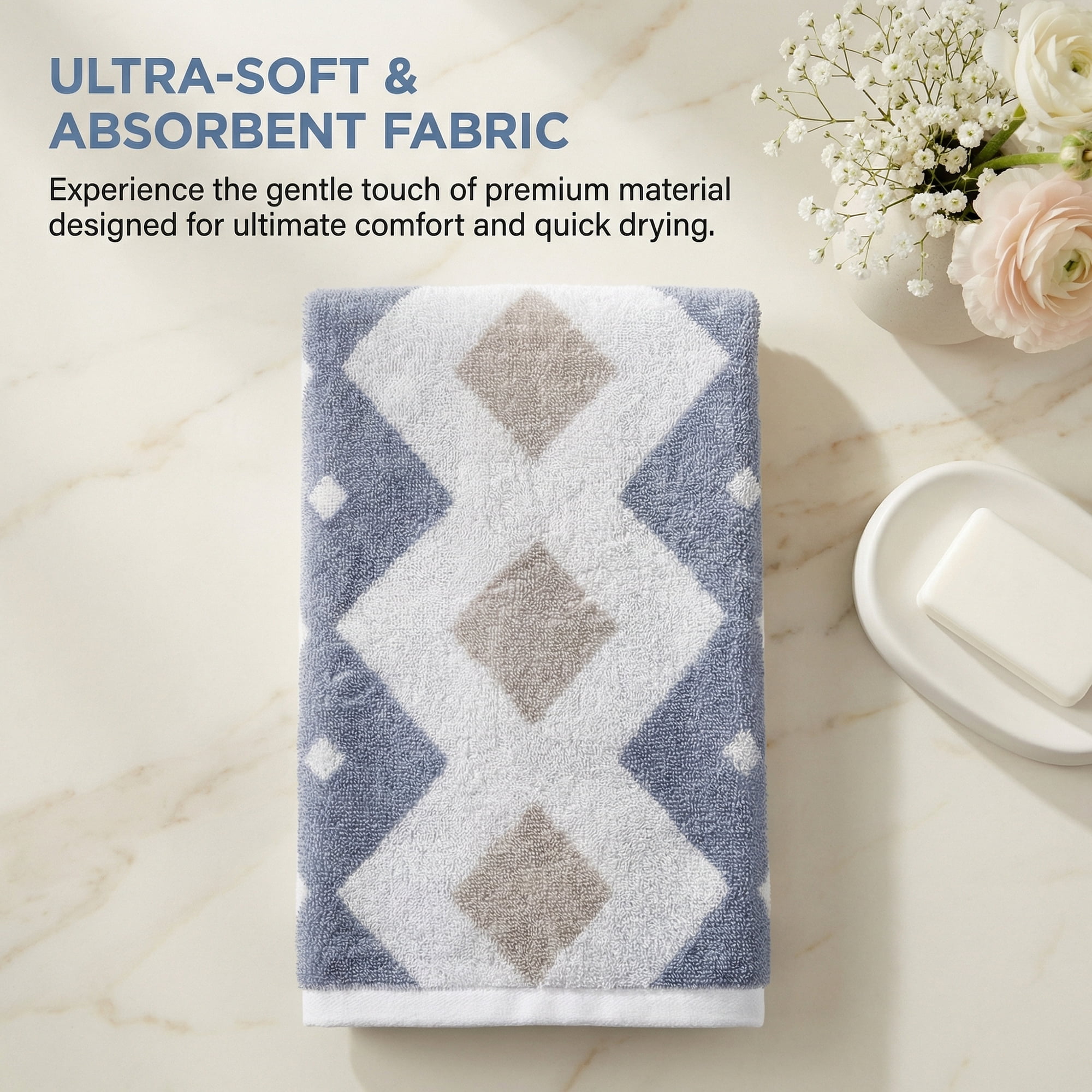 Unique Bargains Geometric Rhombus Cotton Soft Color Block Hand Towel Blue 4pcs 28" x 13"