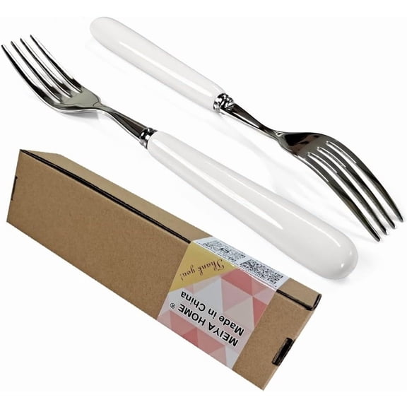 ABPETE 2Pcs 20.5CM 8inch Good Dinner Fork 18/10 Stainless Steel Table Fork (Creative white ceramic handle) Main Course Fork, 4-Tine Fork, SUS304 Steak fork (2)