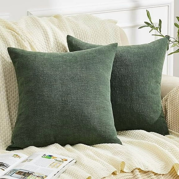 0829 Decorative Square Throw Pillow Covers 20"x20" Inch Set of 2, Super Soft Chenille Pillows Farmhouse Pillowcase for Living Room Bedroom Sofa Couch Cushion Cover Dark Green 50x50cm (No Insert)