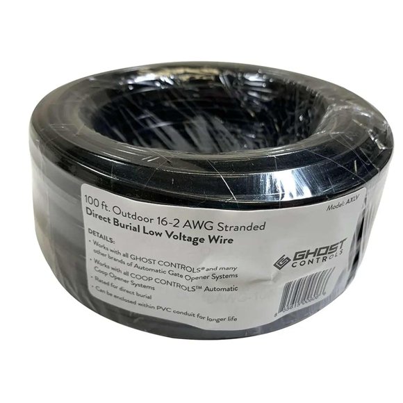 Ghost Controls AXLV 100' 16 AWG Wire, 2-Conductor (Color Coded), Stranded, Direct Burial, Low Voltage Wire for Gate Openers or Solar Power