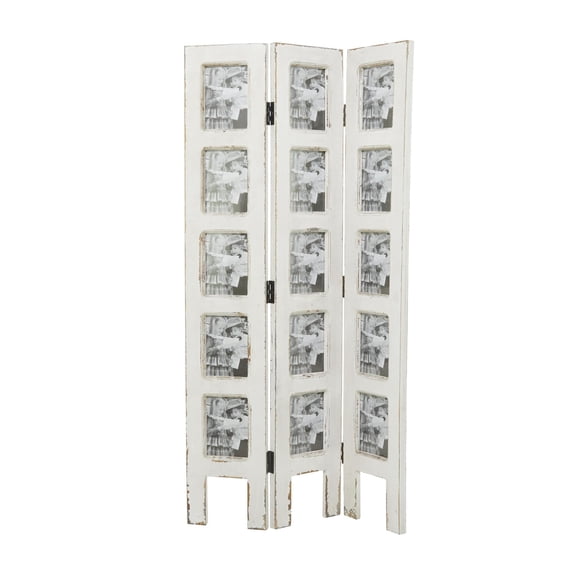 DecMode 27" x 51" White Wood Hinged Foldable Partition 3 Panel Room Divider Screen with 15 Photo Slots, 1-Piece