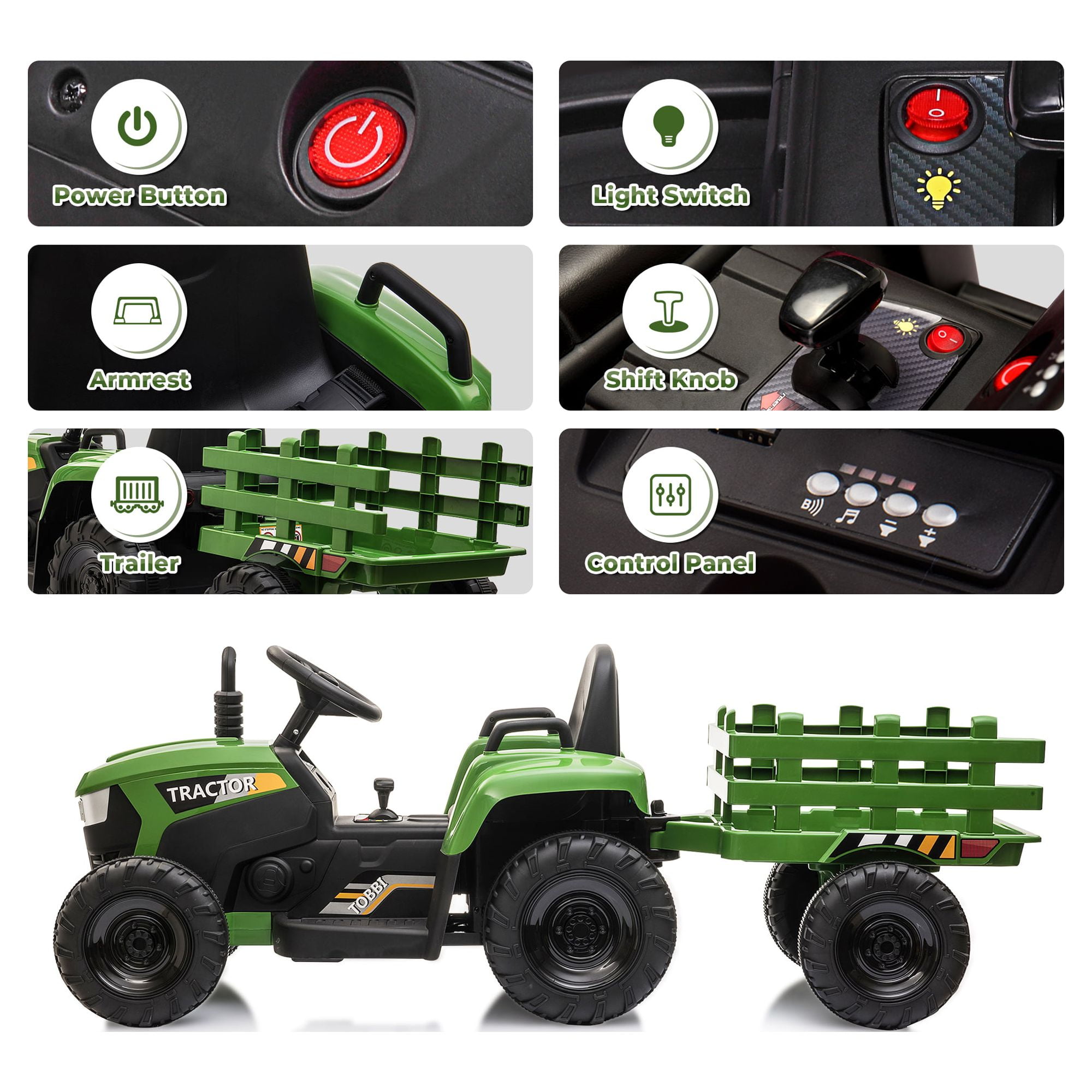 TOBBI 12-Volt Kids Battery Powered Electric Tractor with Trailer in Green  TH17H0486 - The Home Depot