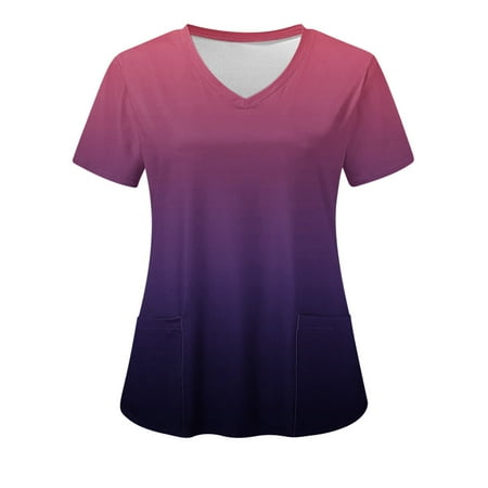 

Scrubs Tops for Women Casual Ombre Tie Dye V Neck Short Sleeve Working Uniforms with Pockets T Shirts Nurses Week Gifts Bulk