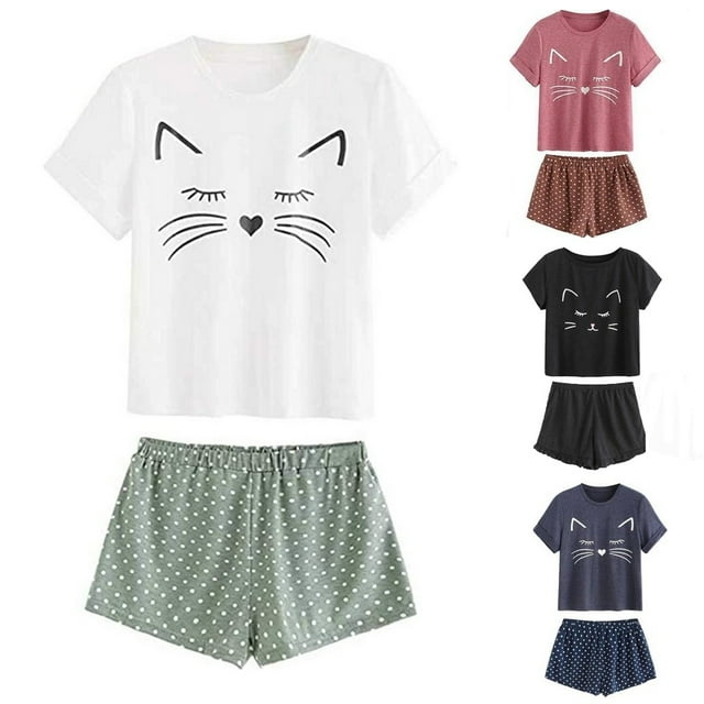 Ensemble de Pyjama 2 Pcs pour Femmes avec Chat Dessin Animé, T-shirt à Manches Courtes Imprimé Mignon et Short, Vêtements de Nuit Doux