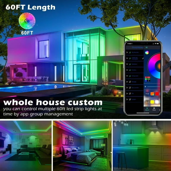 Led Strip Lights,60ft Music Sync Color Changing, Built-in Mic,Bluetooth App Control LED Tape Lights with Remote,5050 RGB Rope Light Strips