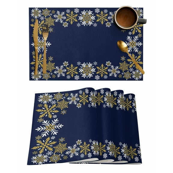 Retro Yellow Snowflake Placemats Set of 2 Winter Christmas Navy Background Heat Insulation Washable Place Mats, Rustic Non-Slip Table Mats for Dining Table Party Kitchen Decor,13x19 Inch