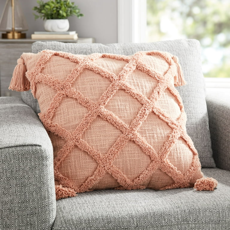 Better Homes & Gardens Tufted Trellis Decorative Throw Square Pillow, 20 inch x 20 inch, Coral