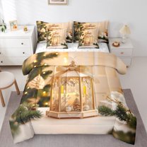 jejeloiu Christmas Candle Lanterns Bedding Comforter Set 7 Pieces,Merry Xmas Full Bedding Set,Romantic Led Lantern Fitted Sheet Flat Sheet For Men Women,Ultra Soft Home Decor Reversible