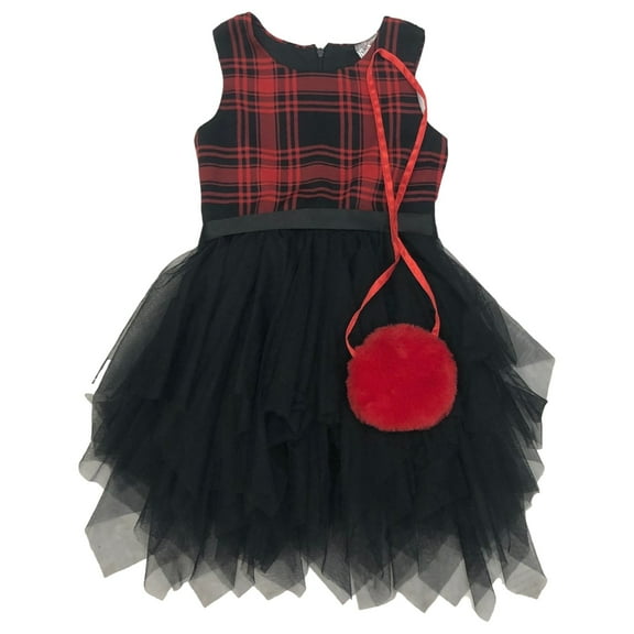 Girls Red & Black Plaid Flowy Tutu Party Dress & Fuzzy Handbag Purse Set 4