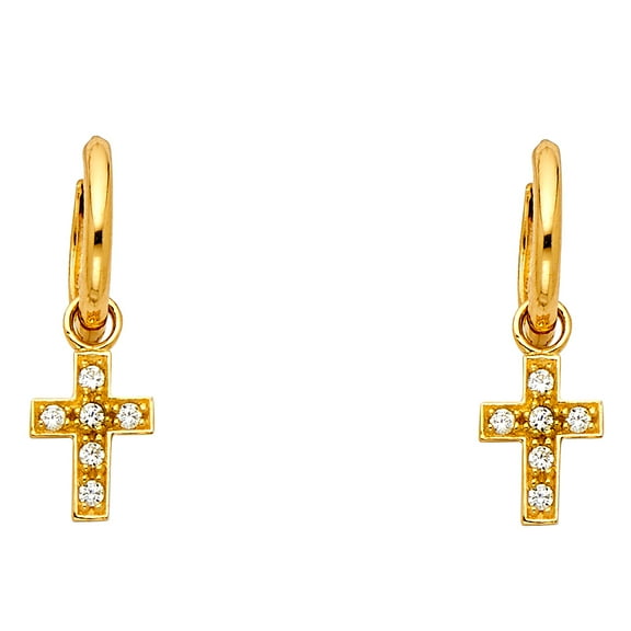 Huggies Cross Dangle Earrings Solid 14k Yellow Gold Huggie Hoops CZ Religious Drop Style Fancy 26 x 8 mm