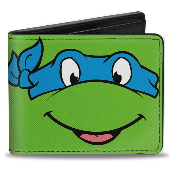 Nickelodeon Wallet, Bifold, Classic TMNT Leonardo Face Close Up Green Blue, Vegan Leather