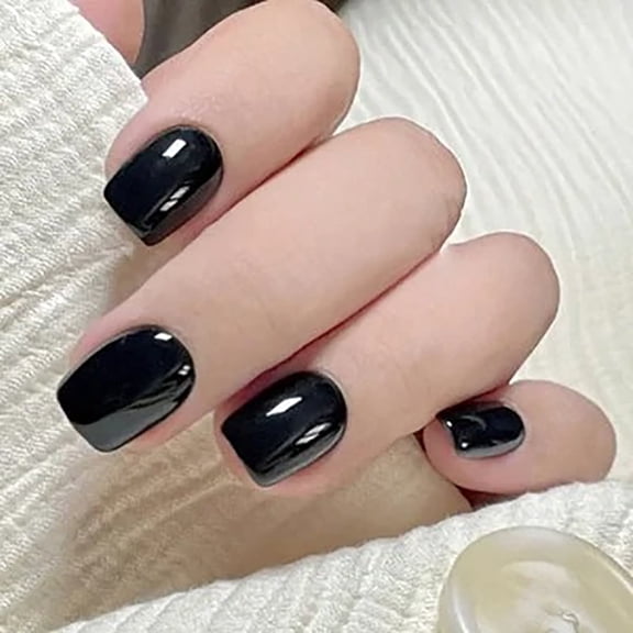 CurvLife Sleek Onyx Press-On Nails - 30PCS Short Square, Minimalist Black, Non-Toxic & Reusable