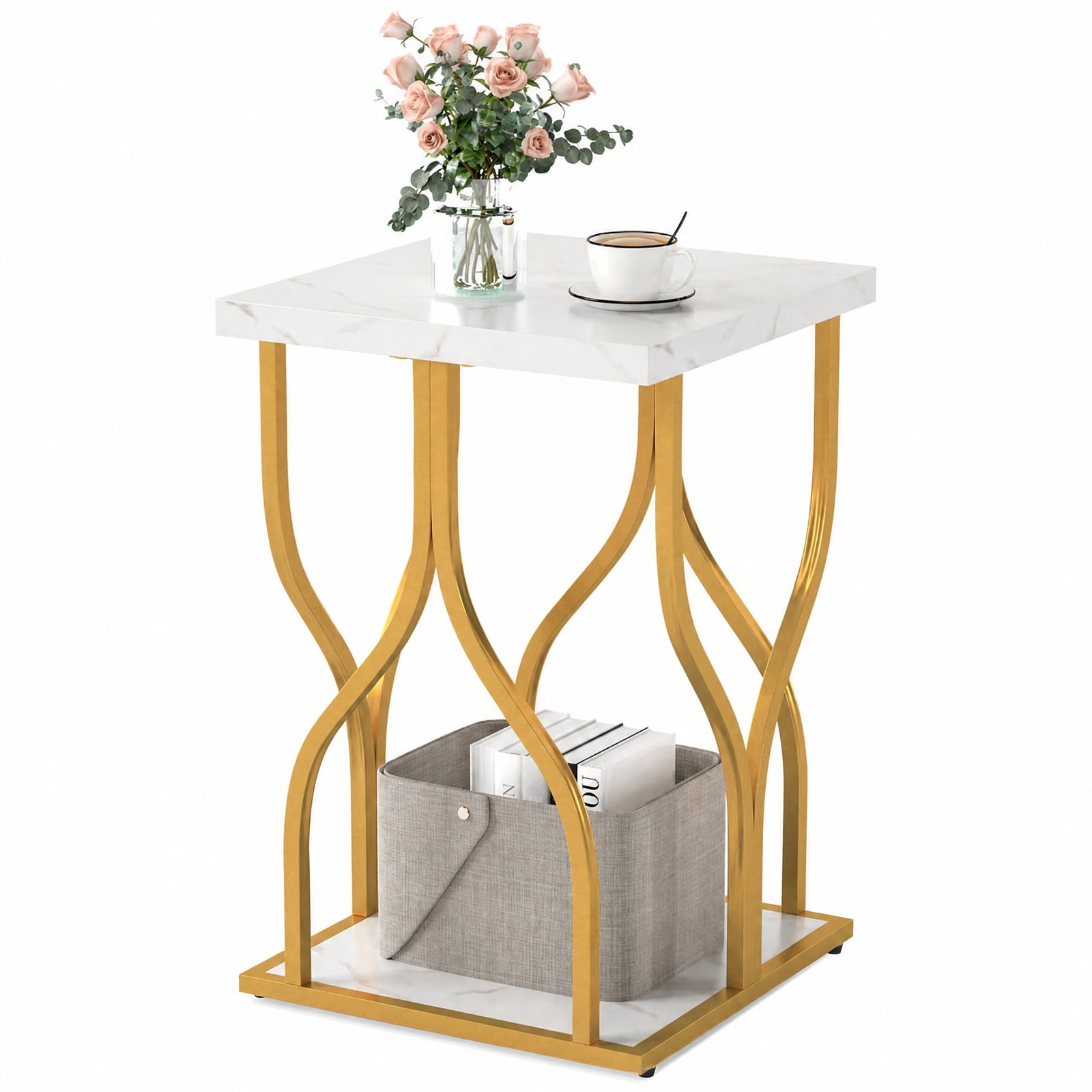 Furnibear Faux Marble Bedside Night Stand with Petal-Inspired Metal Frame for Bedroom Living Room Bedside Sofa Side Small Space, White