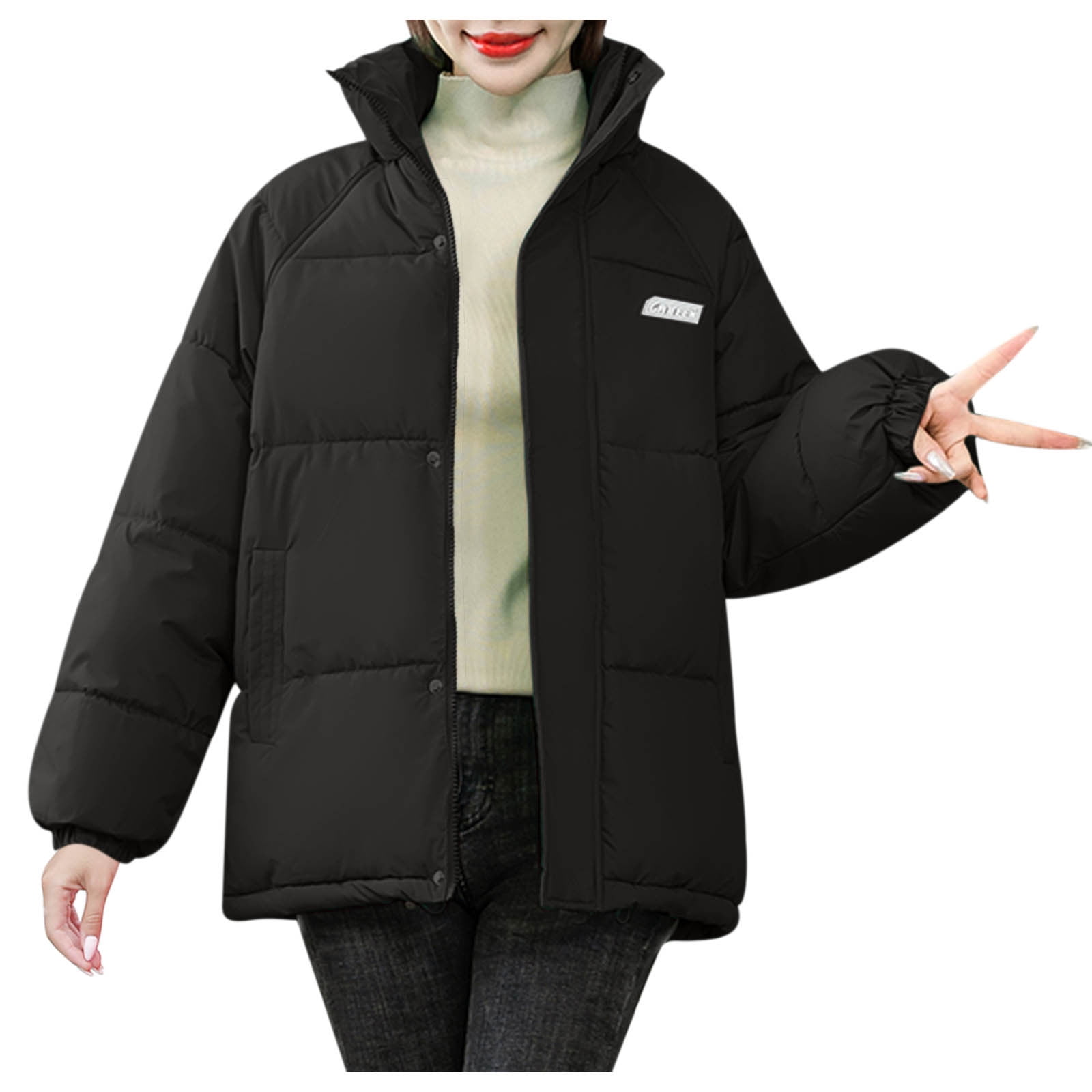 Women's Solid Color Cropped Puffer Jacket Oversized Short Puffy Winter  Casual Zip Up Stand Collar Padded Coats Insulated Coat