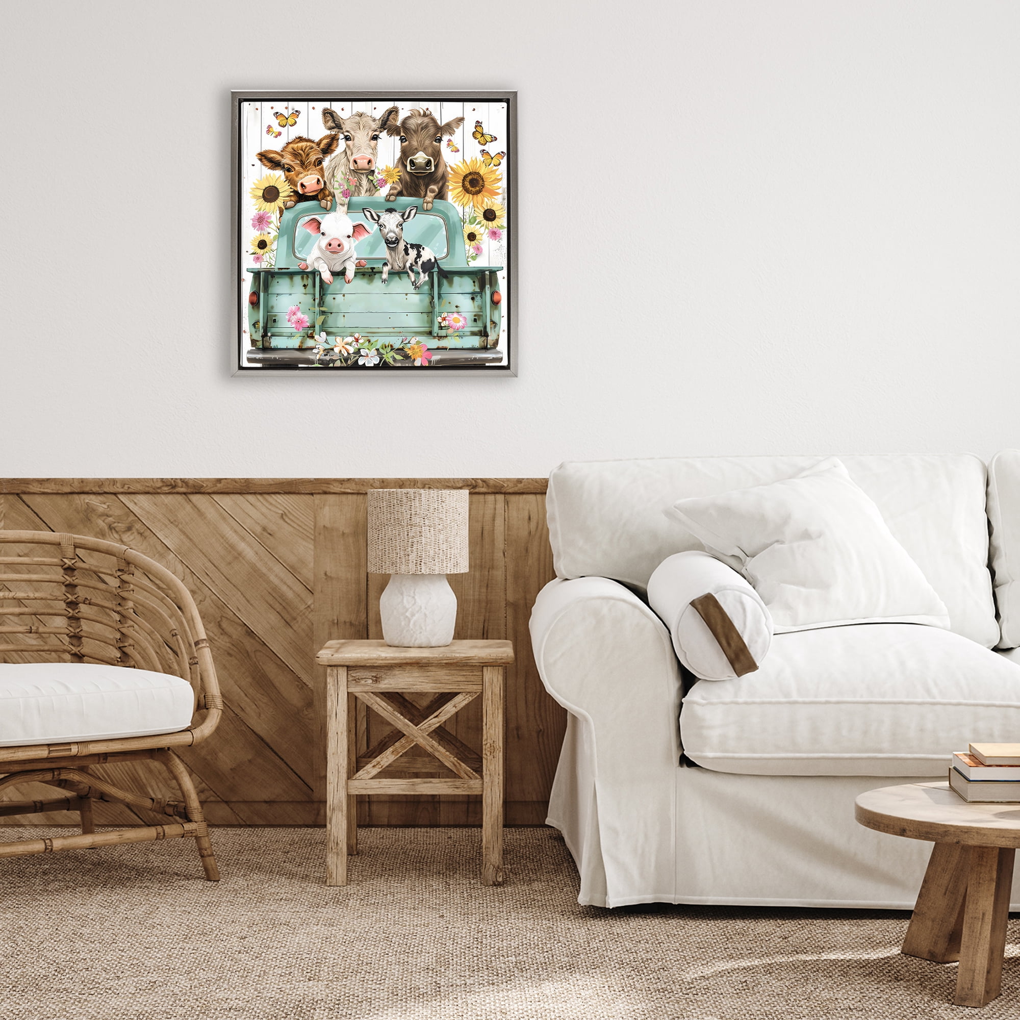 Stupell Industries Barnyard Friends in Vintage Truck Gray Framed Floater Canvas Wall Art, design by Creative Studio