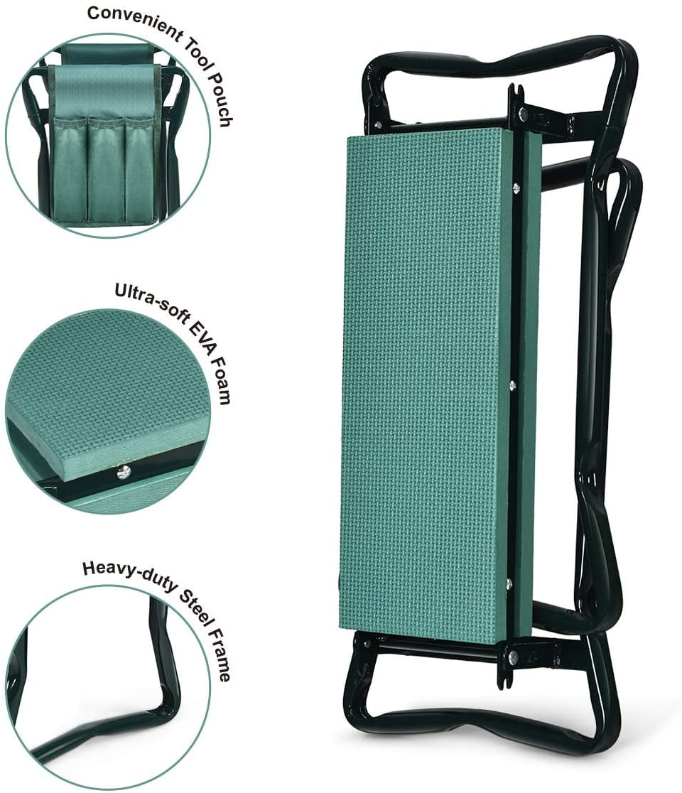 2-in-1 Garden Kneeler and Seat, Folding Garden Seat w/EVA Foam Kneeling Pad & Removable Tools Pouch, Sturdy Steel Frame, No Assembly, Portable Heavy Duty Garden Stool for Women Men Seniors